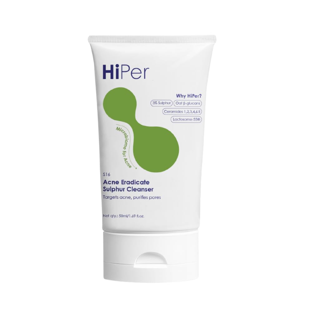 HiPer Acne Eradicate 3% Sulphur Face Wash (50 gm) for Oily, Acne Prone Skin | Better than a Salicylic Acid Face Wash | Goodness of Sulphur, Salicylic Acid, Oat Extract, Ceramides & Postbiotics