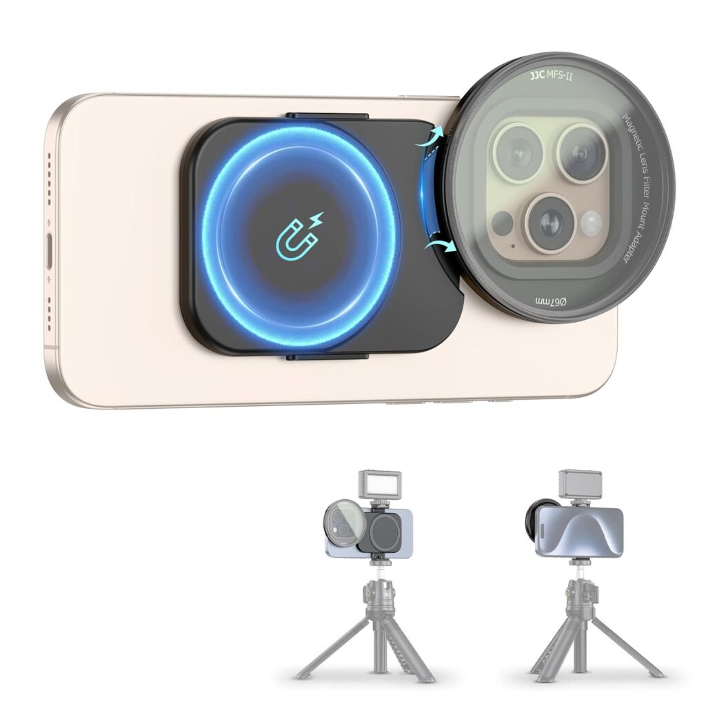 JJC 67mm Phone Lens Filter Adapter Mount for iPhone 16/15/14 Pro/Pro Max, Double-Sided Magnetic, 1/4-20” Screw & Cold Shoe Mount, Prime, Standard, Lightning Connector, Fixed Focus, Magnetic Adapter