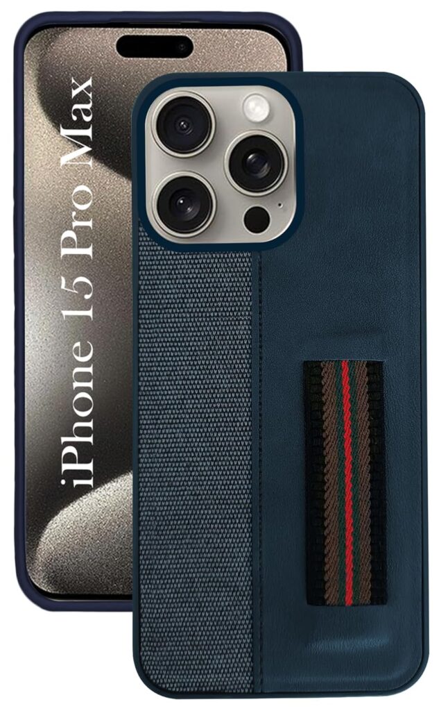 Jkobi Back Cover Case for iPhone 15 Pro Max (Professional PU Leather | Strip Chain Holder Socket | Blue)