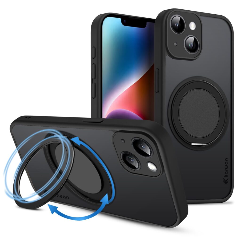 KARWAN®Matte Back Case Cover for iPhone 14 Plus with [360 Rotation O-Ring Magnetic Stand] Shockproof Compatible with Mag-Safe Wireless Charging (Black)
