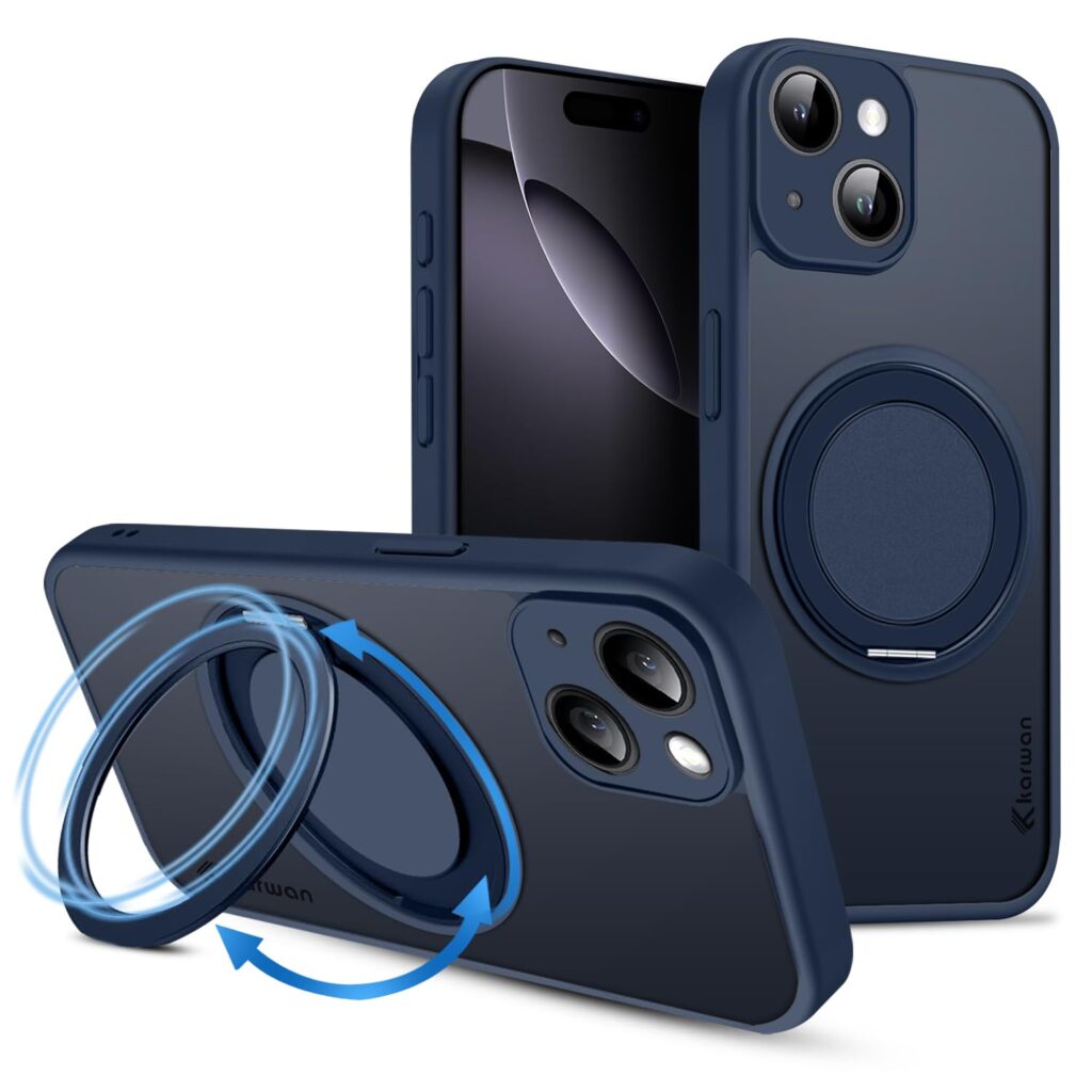 KARWAN®Matte Back Case Cover for iPhone 15 Plus with [360 Rotation O-Ring Magnetic Stand] Shockproof Compatible with Mag-Safe Wireless Charging (Blue)