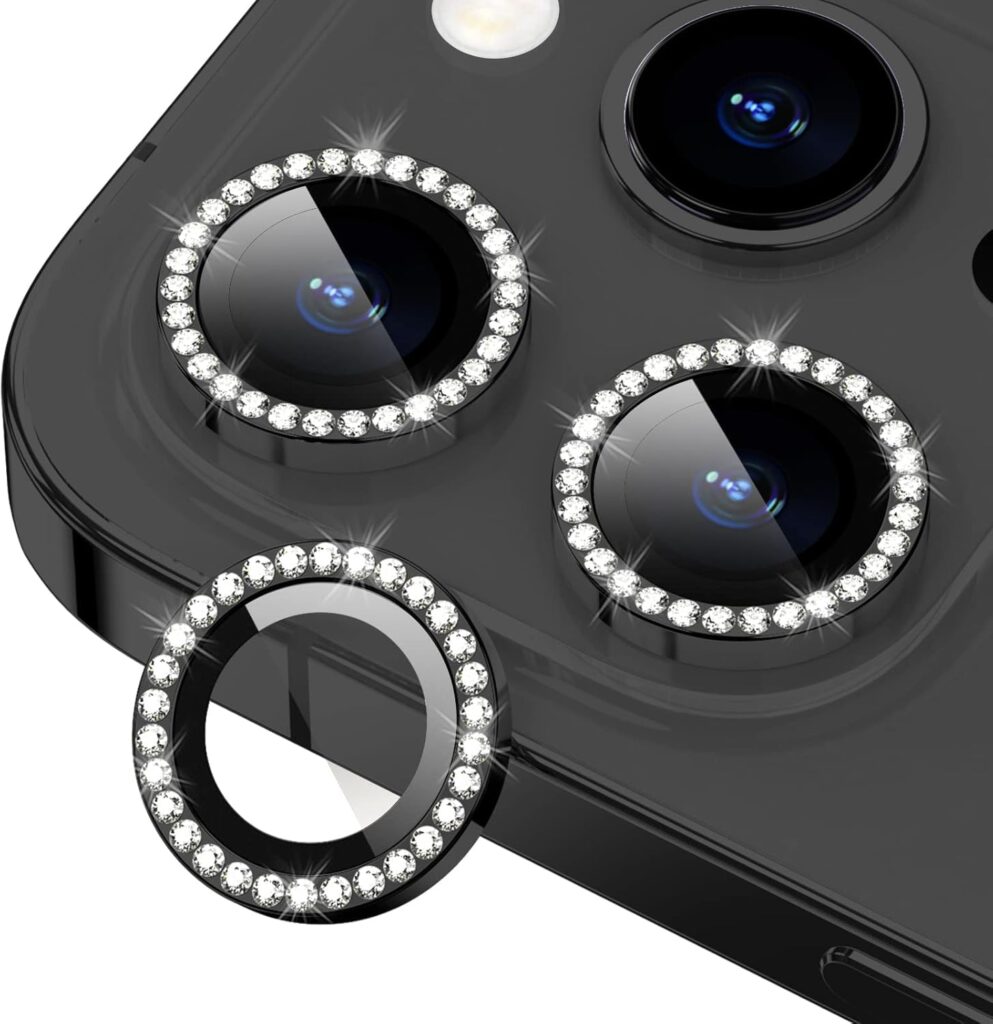 KEKOZE Diamond Camera Lens Protector Compatible With iPhone 14 Pro and iPhone 14 Pro Max 9H Tempered Glass Camera Cover Screen Protector Metal Ring Decoration Accessories - Black