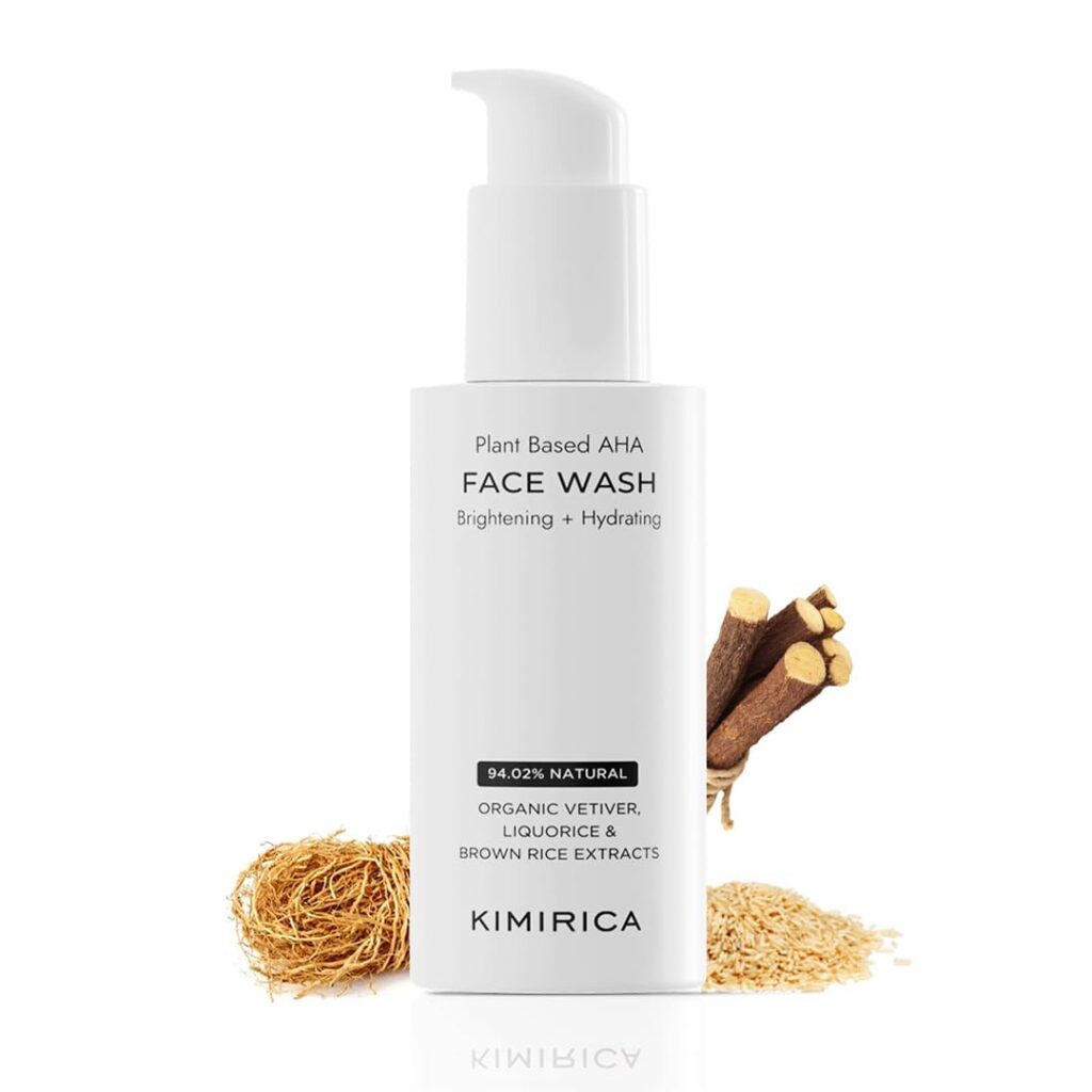 Kimirica plant-based AHA brightening face wash | Non-drying cleanser for gentle exfoliation, promotes smooth, and hydrated skin | Dermatologically tested for all skin types