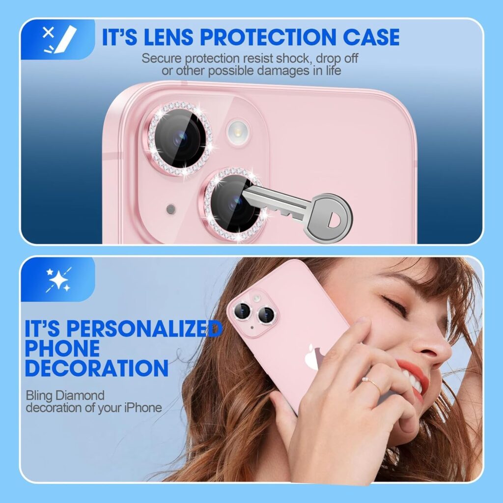 LINEOVAL Compatible for iPhone 15 iPhone 15 Plus Camera Lens Protector, [Keep Lens Original Design] [Truly Shatterproof] 9H Tempered Glass Camera Cover Screen Protector Accessories, Pink Diamond