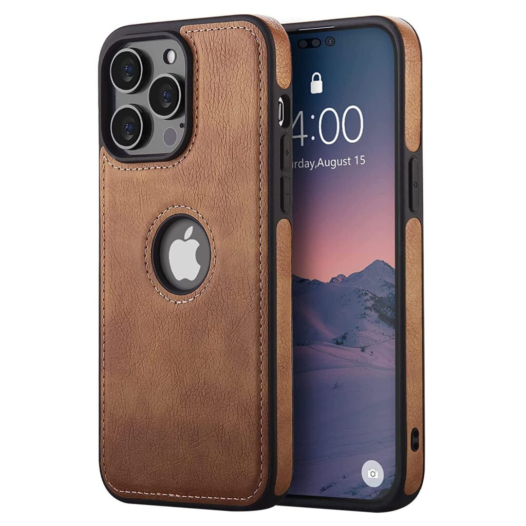 LIRAMARK PU Leather Flexible Back Cover Case Designed for iPhone 14 Pro Max (6.7 inch) (Tan)