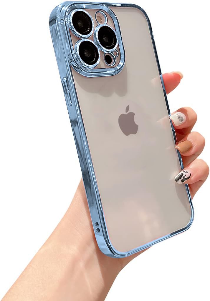 LOXXO Compatible with iPhone 14 Pro Max Case 6.7 inch, Luxury Electroplated Soft Edge Bumper Case, Full Camera Protection & Reinforced Corners Shockproof Case Cover|Transparent|Sierra Blue