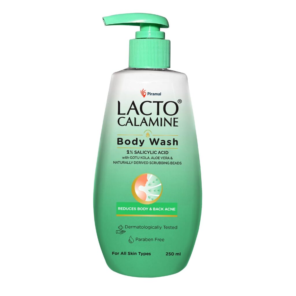 Lacto Calamine 1% Salicylic Acid Body Wash | 250ml | For Body Acne, Back Acne, Rough & Bumpy Skin |Cica, Aloe Vera, Turmeric & Natural Scrub Beads | Paraben Free | Body Wash Shower Gel For Men & Women