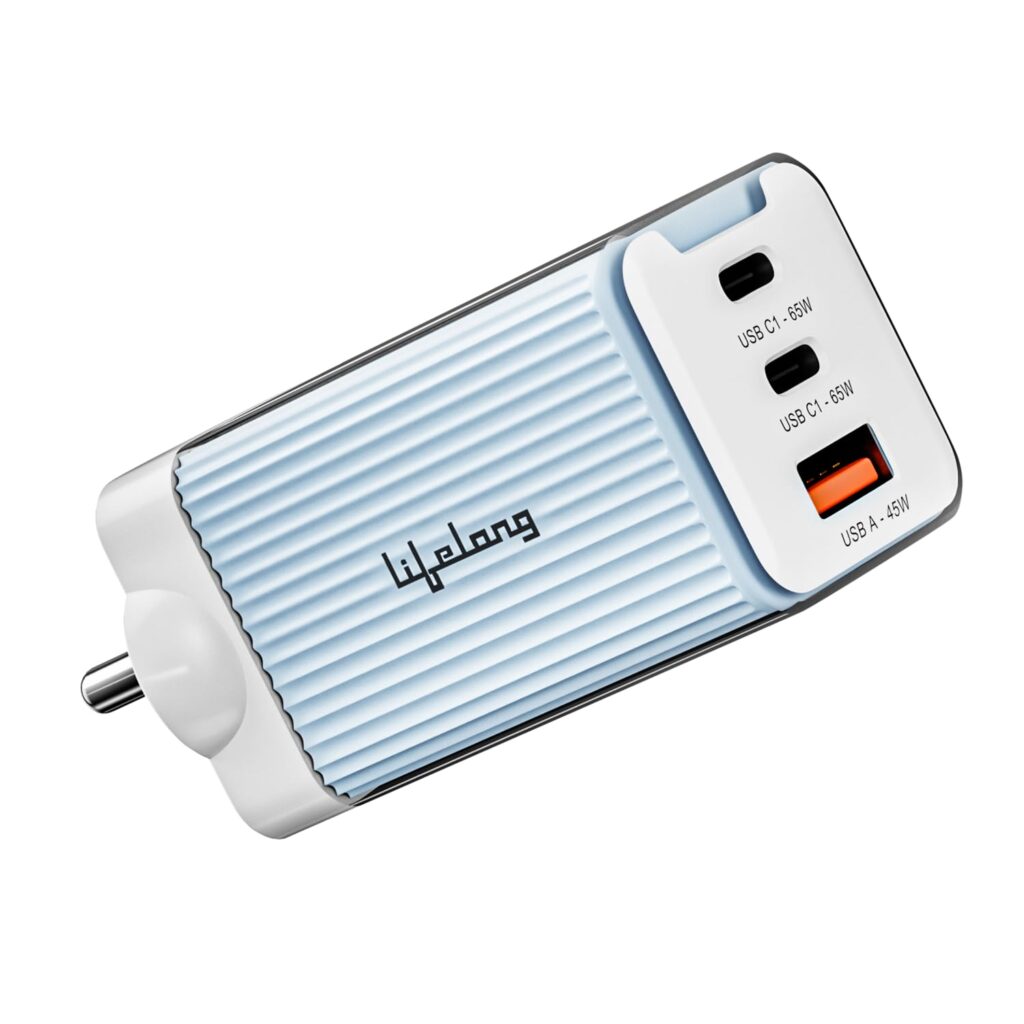 Lifelong Electronics 65W GaN Fast Charger PD Technology | 1 USB A + 2 Type C Ports | iPhone 16/15/14, Android, Samsung | Laptops - MacBook, Dell, HP, Lenovo, Acer, ASUS | BIS Certified (Blue)