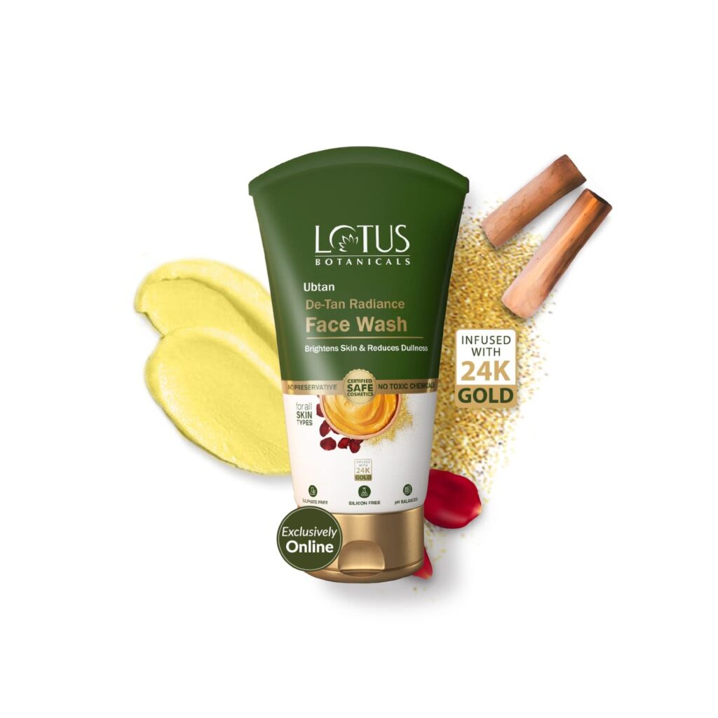 Lotus Botanicals Ubtan De-Tan Radiance Face Wash | Infused with 24K Gold | Bright & Glowing Skin | Removes Tan | No Silicon, No Sulphates, No Parabens, Non-Comedogenic, No Preservatives, No Toxic Chemicals | 100ml.