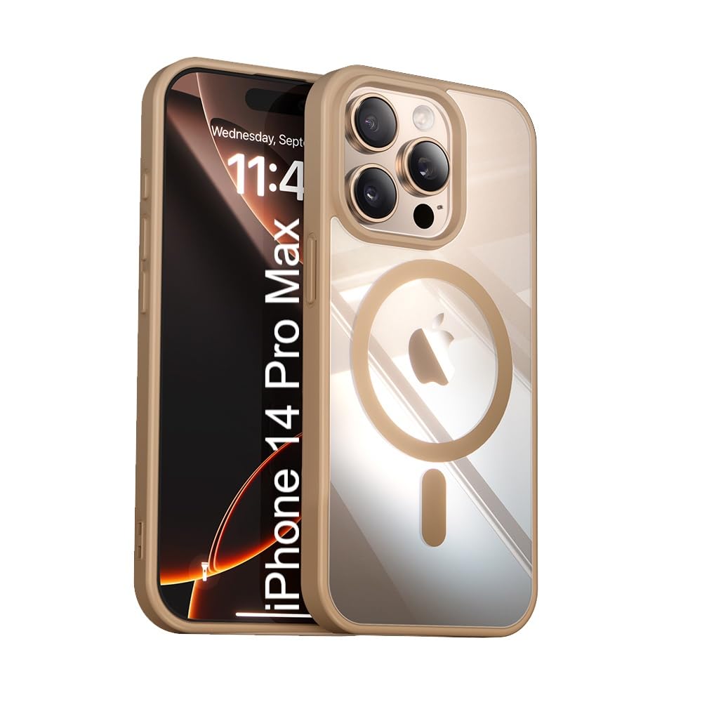 LuxuryKase Mag-Safe Compatible Transparent Back Case for iPhone 14 Pro Max with Shockproof Bumper | Raised Camera Protection | Slim Fit Design | Wireless Charging Support - Desert Titanium