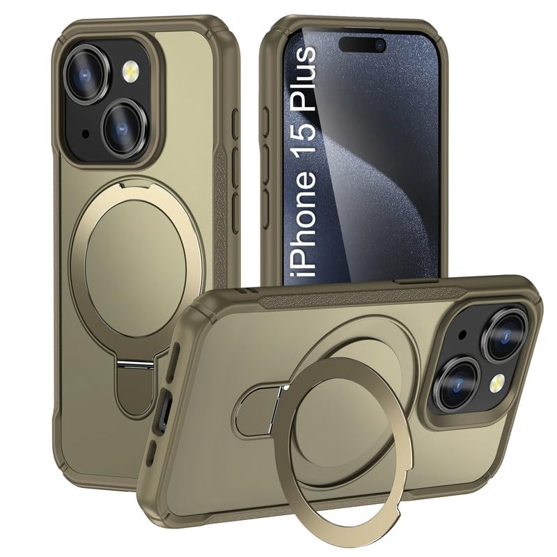 LuxuryKase Shockproof Back Cover for iPhone 15 Plus with 90° Rotating Ring Kickstand | Mag-Safe Compatible | Wireless Charging Support | Rugged Armor Protection Case – Khaki
