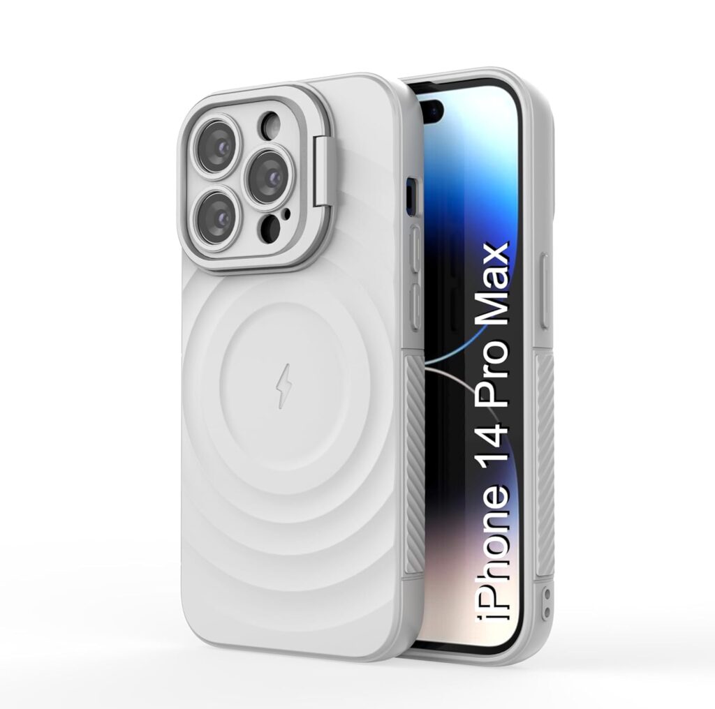 LuxuryKase Shockproof Case for iPhone 14 Pro Max with Ripple Pattern | Camera Protection | Inner Velvet Fabric Lining | Protective Cover with Enhanced Grip & Wireless Charging Support – White