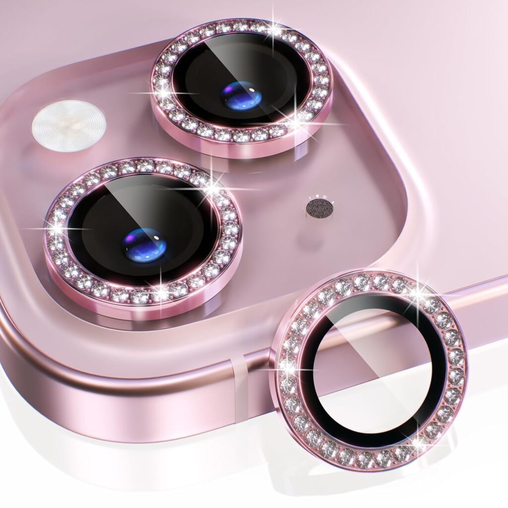 MAHIX ( BUY 2 GET ONE FREE Camera Lens Protector For iPhone 15/15 Plus (PINK) Aluminium Alloy Ring Diamond Camera Cover, UHD 9H Camera Glass.