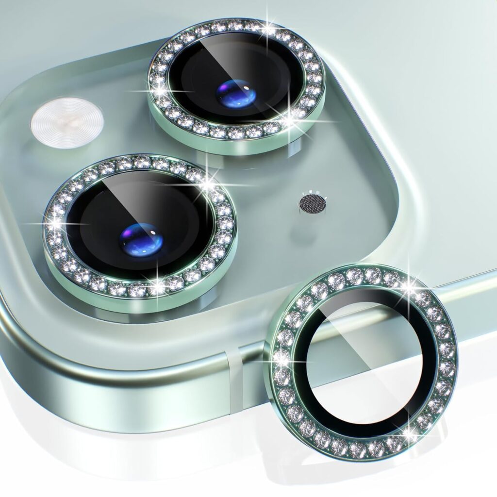 MAHIX Diamond Camera Lens Protector For IPHONE 15/15 PLUS (GREEN) Aluminium Alloy Ring Camera Cover, UHD 9H Camera Glass, (BUY 2 GET ONE FREE)