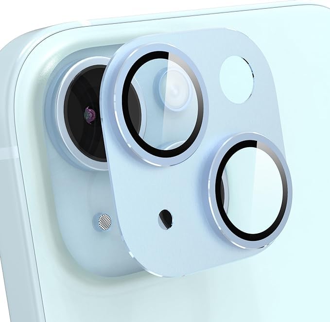 MAYBAL® Aluminium Plate Camera Lens Protector Compatible for iPhone 15/iPhone 15 Plus, [Anti-Scratch] Premium Tempered Glass Film Full Plate Aluminum Alloy Lens Protector - Sierra Blue