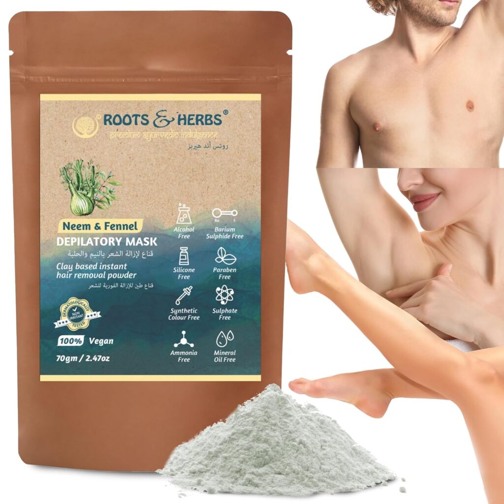 Neem & Fennel Hair Intimate Bikini Hair Removal for Women’s & Men’s Legs, Underarm, & Chest,- Depilatory Powder Body Hair Remover with Ayurvedic Herbs for All Skin Types - Roots and Herbs, 2.47oz