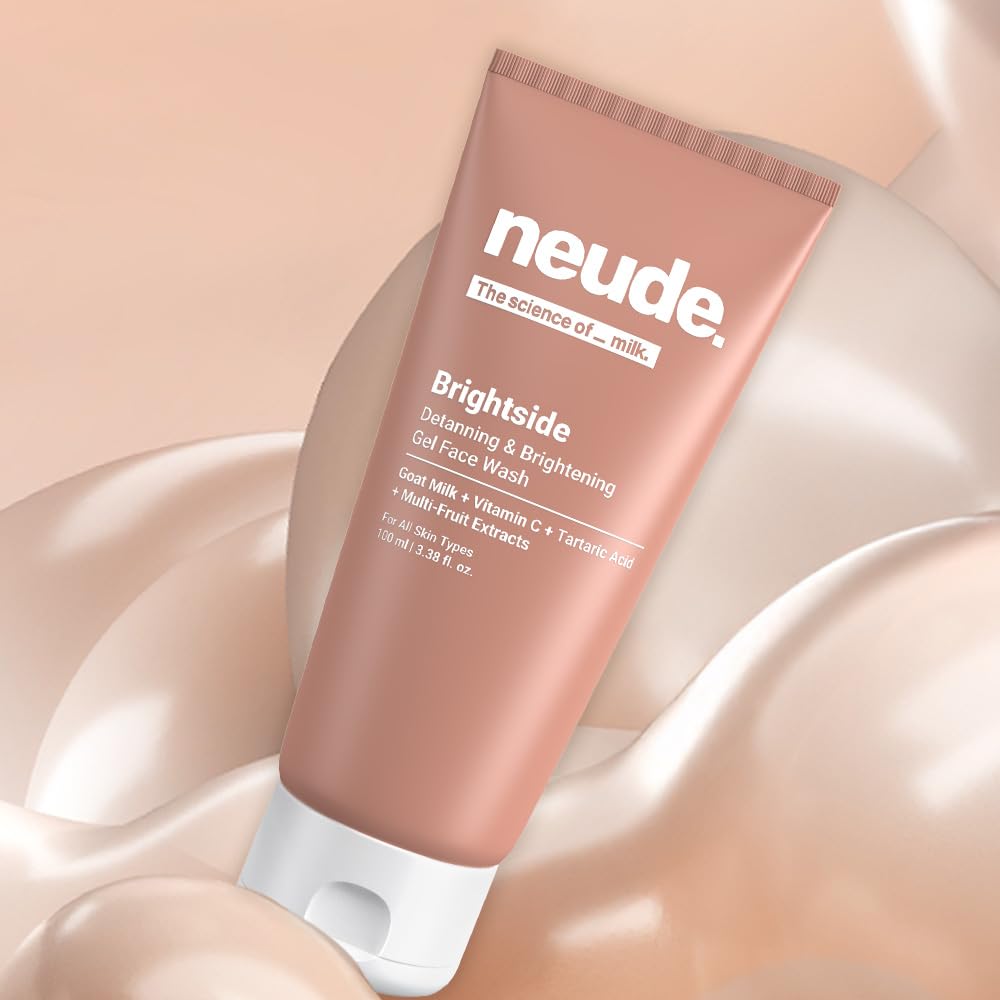 Neude Brightside 100ml Detan & Brightening Gel Face Wash with Goat Milk, Vitamin C & Tartaric Acid for Dark Spot Removal, Pigmentation & Glow, Face Wash for Men & Women