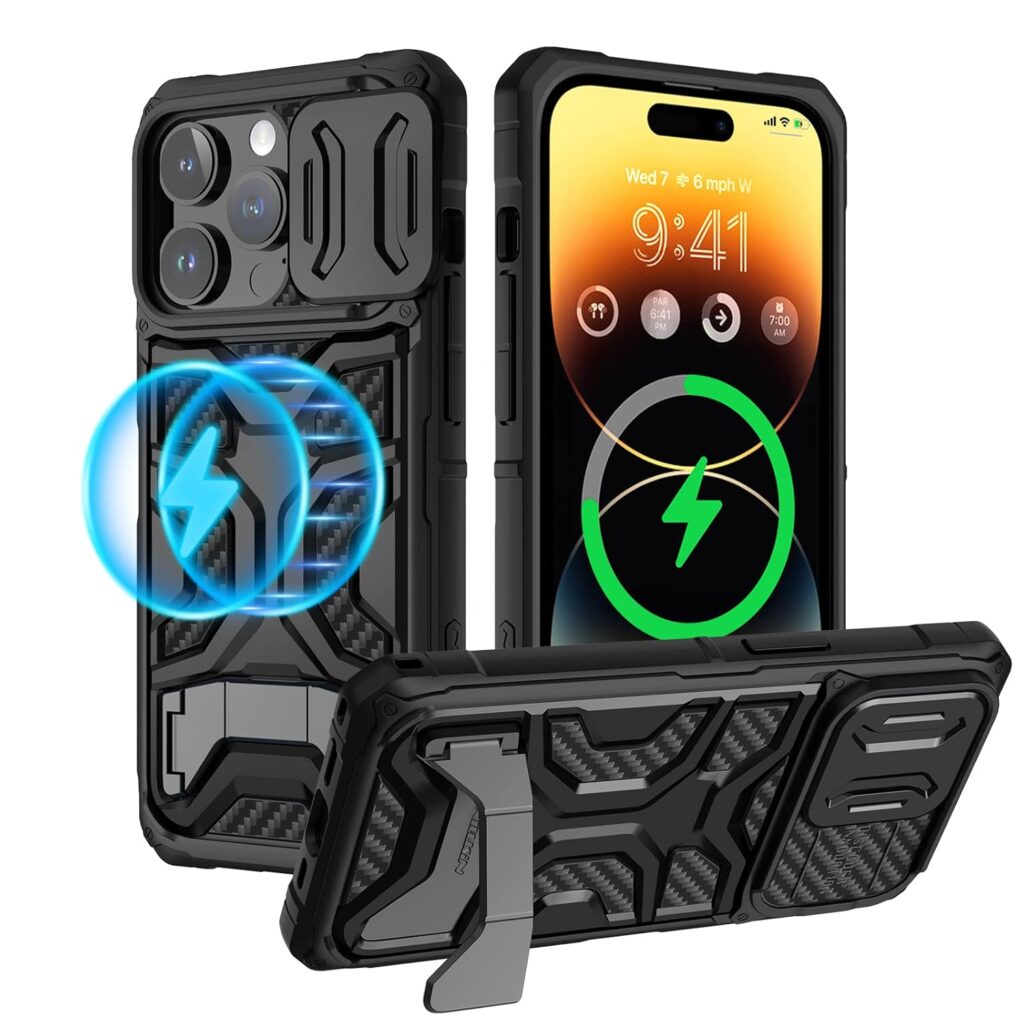 Nillkin iPhone 14 Pro Case with Invisible Stand [Compatible with MagSafe] [Slide Camera Cover] Military-Grade Drop Protection, Shockproof Protective Cover for 14 Pro with Kickstand, Black