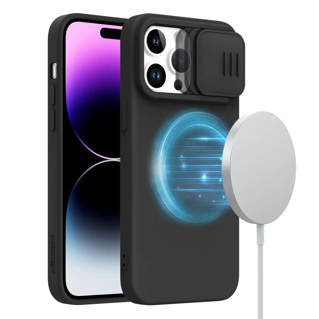 Nillkin iPhone 14 Pro Max Case Compatible with Magsafe, Silicone Magnetic Case with Slide Camera Cover, Slim CamShield Silky Case for iPhone 14 Pro Max 6.7 inch, Black