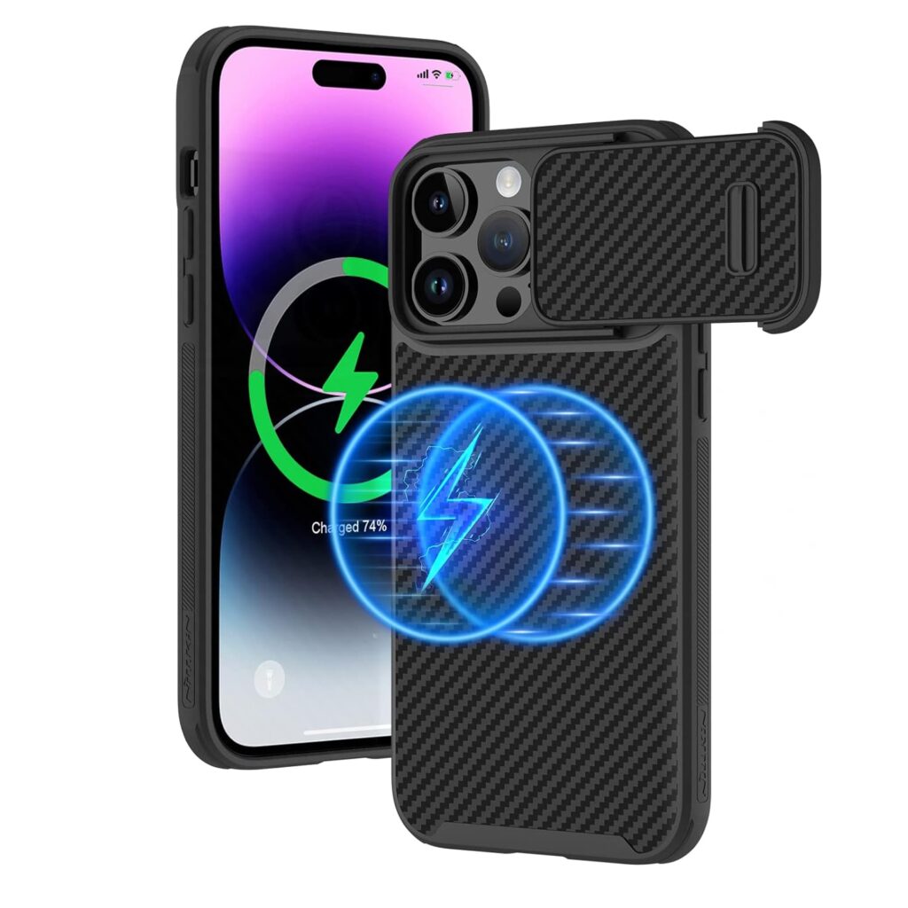 Nillkin iPhone 14 Pro max Case with Camera Cover, Carbon Fiber Magnetic Case Compatible with Magsafe [Biult-in Torsion Spring Slide Camera Protection] Slim Fit Aramid Fiber Case 6.7 inch, Black