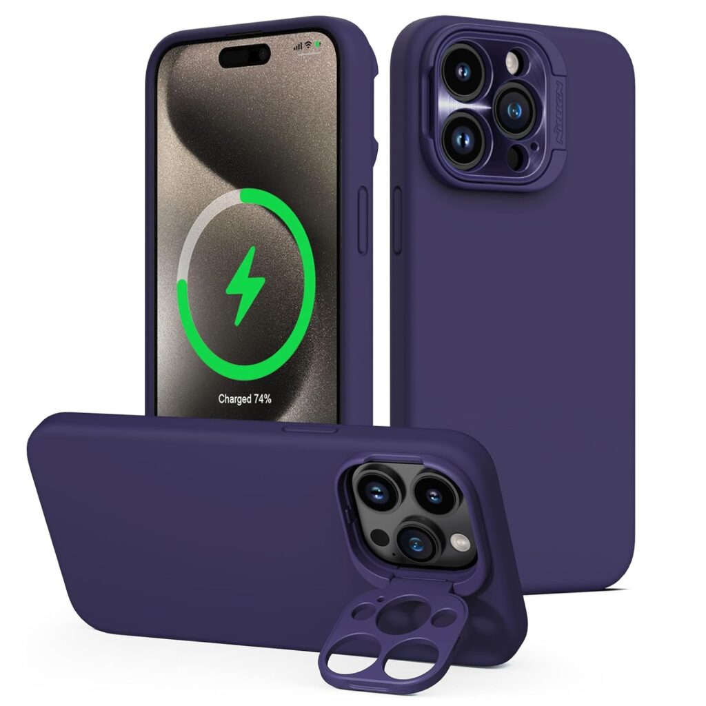 Nillkin iPhone 15 Pro Max Magnetic Case, Liquid Silicone Case Compatible with MagSafe, Built-in Camera Ring Stand, CamShield Silky Magnetic Case for iPhone 15 Pro Max, Midnight Purple