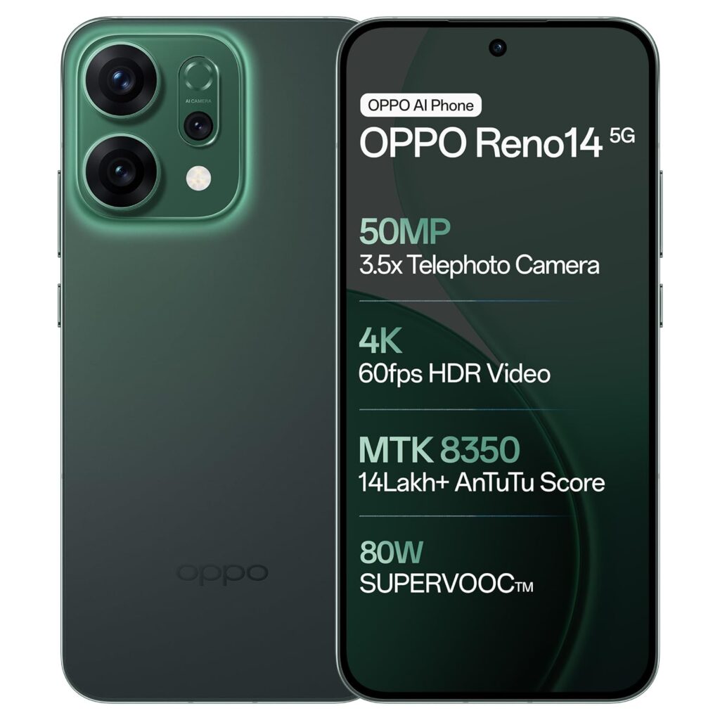 OPPO Reno14 5G (Forest Green, 8GB RAM, 256GB Storage) with No Cost EMI/Additional Exchange Offers