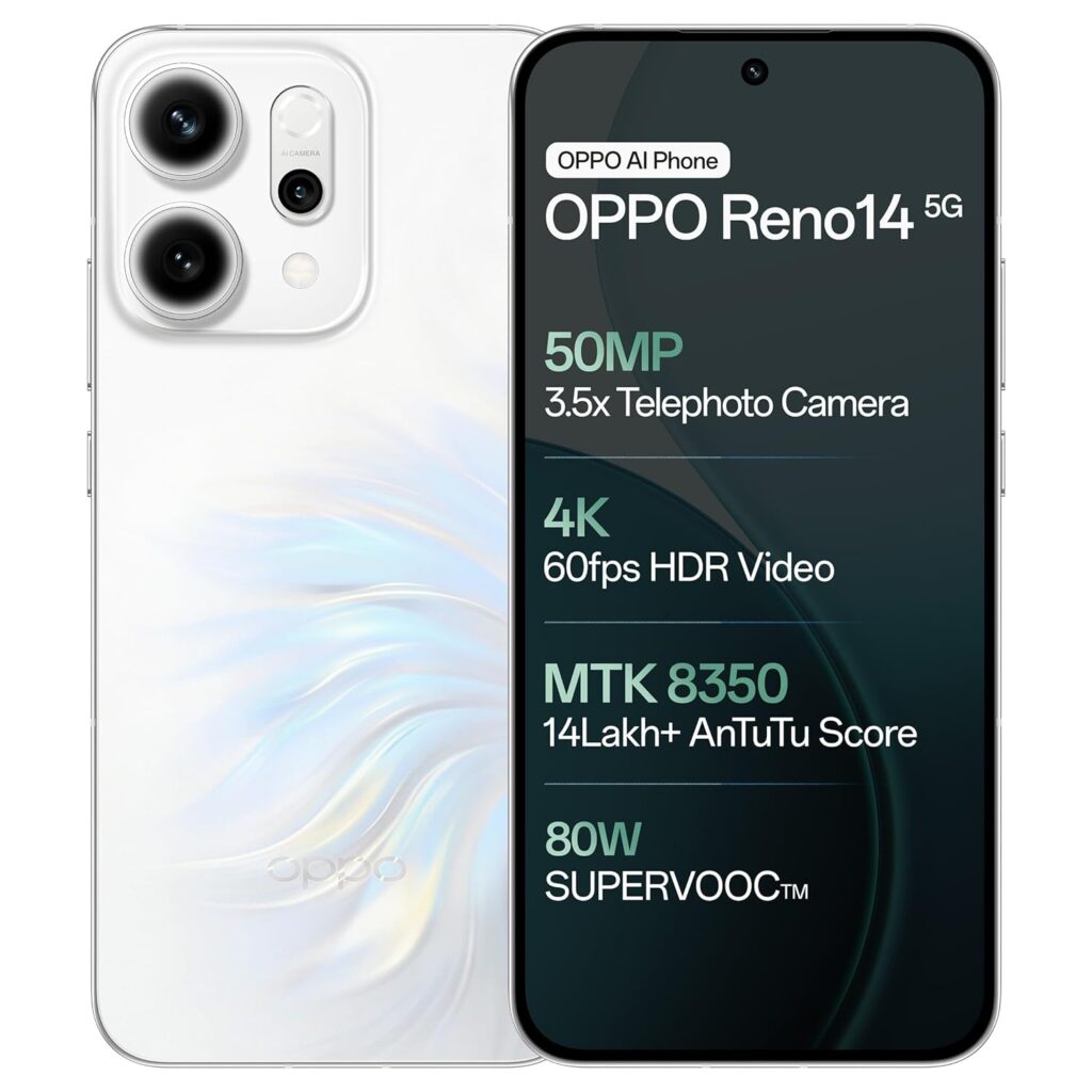 OPPO Reno14 5G (Pearl White, 8GB RAM, 256GB Storage) with No Cost EMI/Additional Exchange Offers