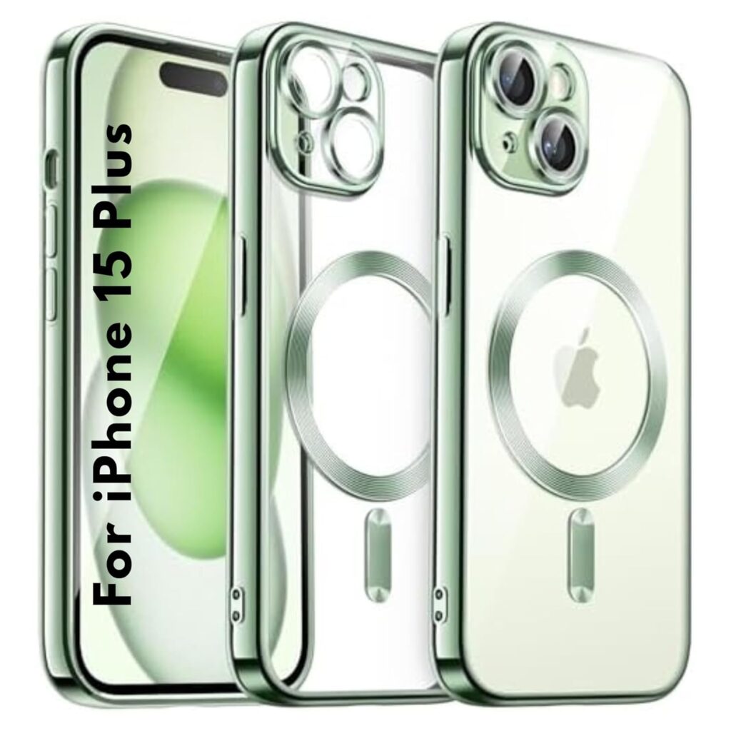 PLUGTECH TPU Designed for iPhone 15 Plus Luxury Electroplating Case [Magnetic MagSafe] [Integrated Lens Protection] Back Cover Case for iPhone 15 Plus (Green)