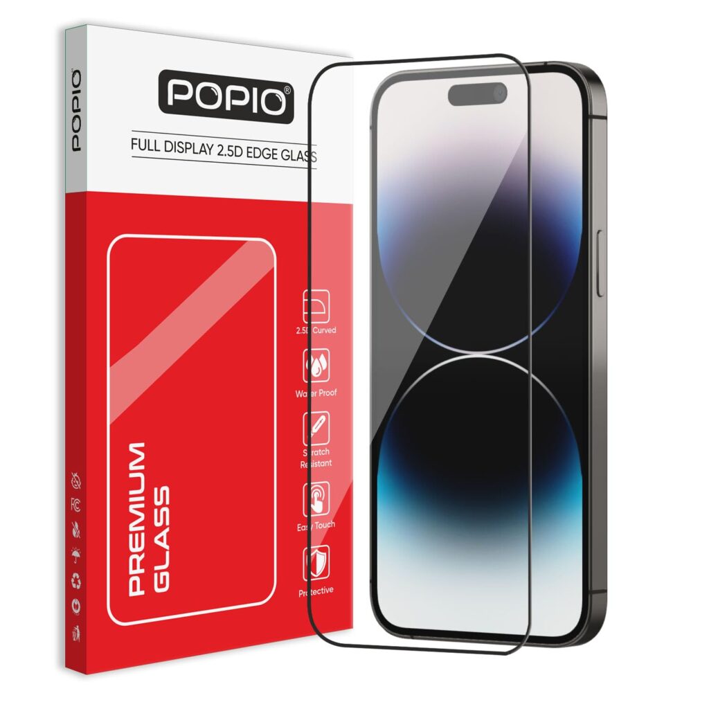 POPIO Military-Grade Gorilla Tempered Glass Compatible For iPhone 14 Pro Max (Black) 9H Hardness, Edge-to-Edge Full Coverage, Anti-Scratch, Bubble-Free, Ultra Clear HD Glass, Oleophobic Coating, Face ID Compatible
