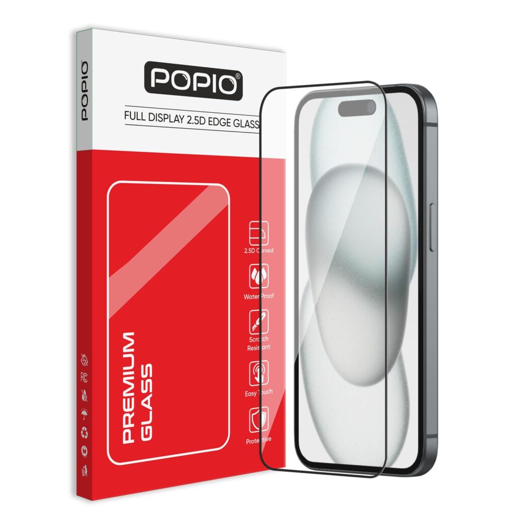 POPIO Military-Grade Gorilla Tempered Glass Compatible For iPhone 15 / iPhone 16 (Black) Edge To Edge Coverage With Easy Installation Kit for Smartphone