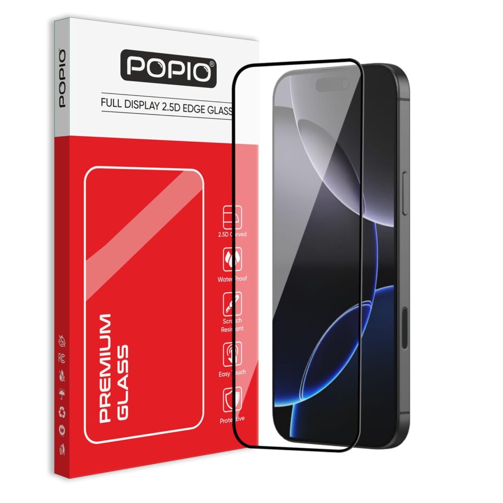 POPIO Military-Grade Gorilla Tempered Glass Compatible For iPhone 15 Pro Max (Black) Edge-To-Edge Protector Coverage With Easy Installation Kit For Smartphone