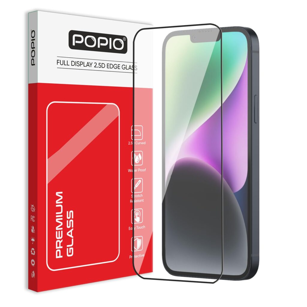POPIO Military-Grade Gorilla Tempered Glass For iPhone 14 Plus (Black) Edge-To-Edge Protector Coverage With Easy Installation Kit