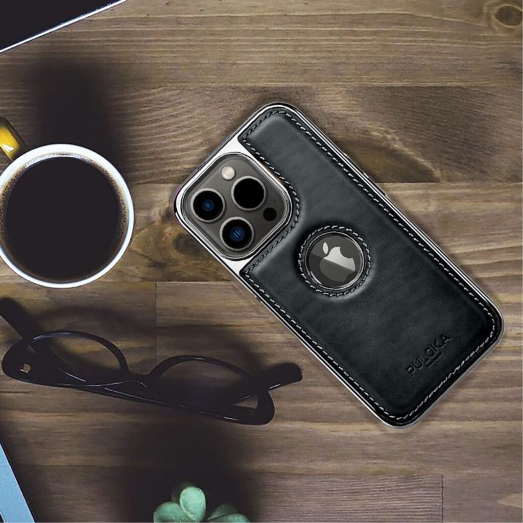 PULOKA Chrome Leather Back Case - Compatible with iPhone 14 Pro Max - Luxury Bumper Case - Flexible Vegan Leather - Electroplated Sides & Logocut - Camera Protetection & Raised Edges - Classic Black