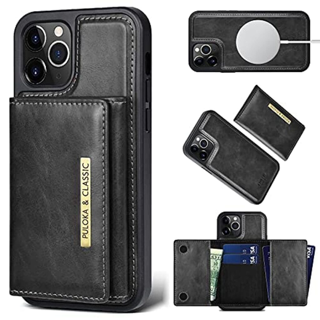 PULOKA Wallet Back Case - Compatible with iPhone 14 Pro Max - Vegan Leather Phone Cover - Detachable Card Holder Case with Kickstand - Shockproof, Anti Scratch & Raised Edges for Protection - Black