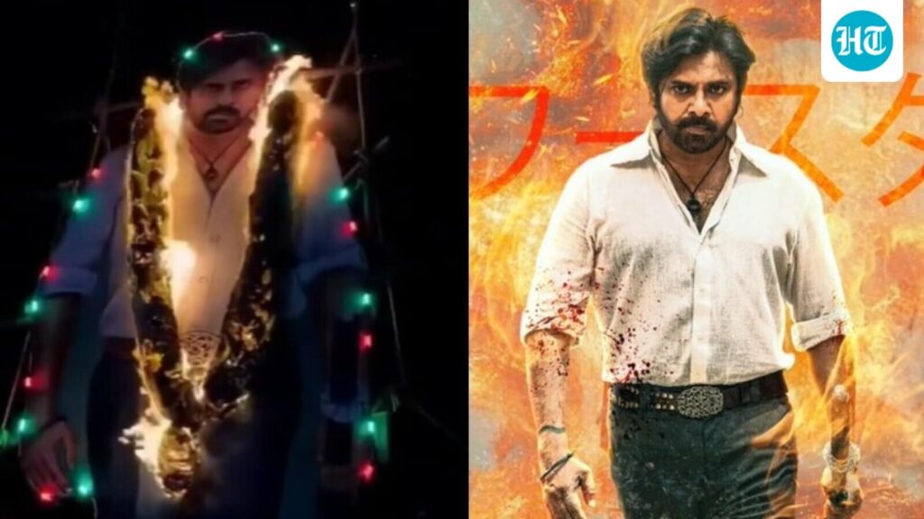Garland on Pawan Kalyan's They Call Him OG cutout catches fire by accident in Chittoor