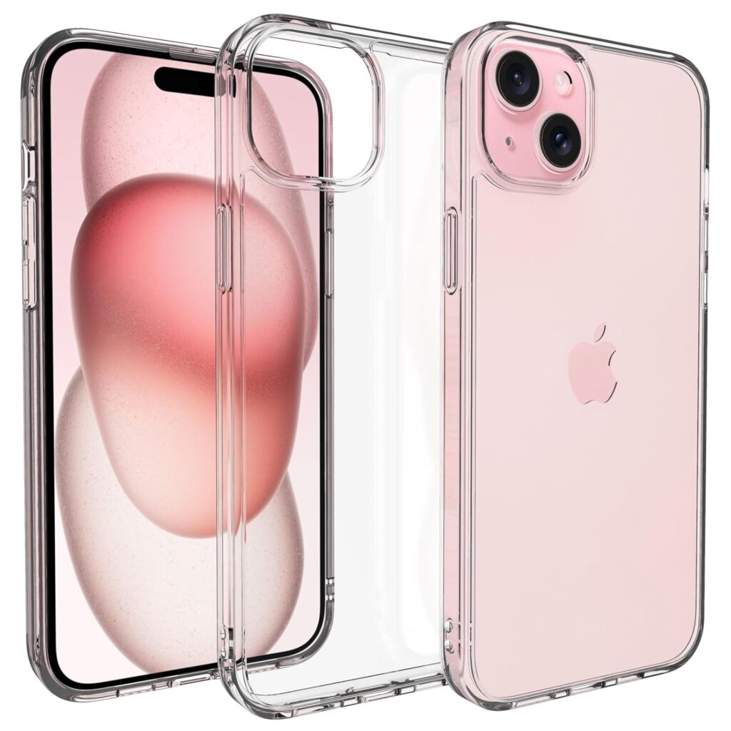 RIGGEAR Shockproof Clear Hybrid Armor Back Cover Case with Drop Protection Corner Airbag Compatible with iPhone 15 Plus (Clear TPU + Polycarbonate)