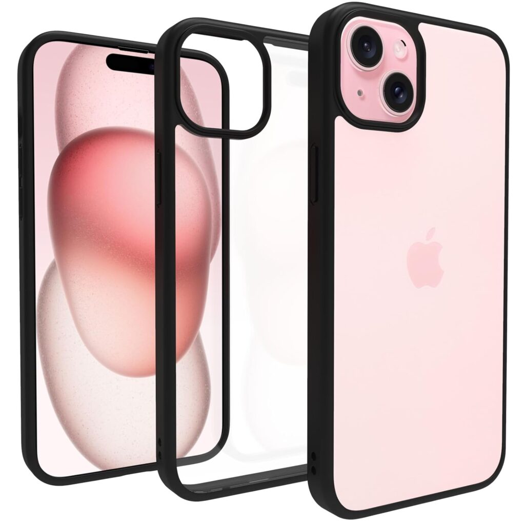 RIGGEAR Shockproof Sleek Hybrid Armor Back Cover Case with Drop Protection Corner Airbag Compatible with iPhone 15 Plus (Clear PC+ Black TPU Bumper)