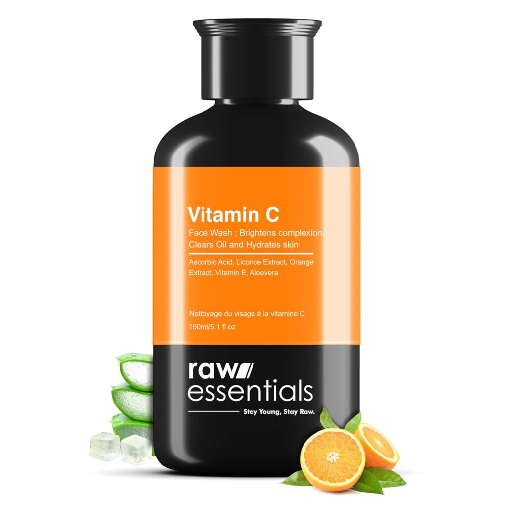 Raw Essentials Vitamin C Cleansing and Brightening Face Wash, Orange and Lemon extracts, Aloe vera, Vitamin E, Licorice Extracts, Mint (Menthol) for All Skin Types, (150ml, Pack of 1), Face Wash for Men & Women, 100% Natural Actives, Sulphate & Paraben Free