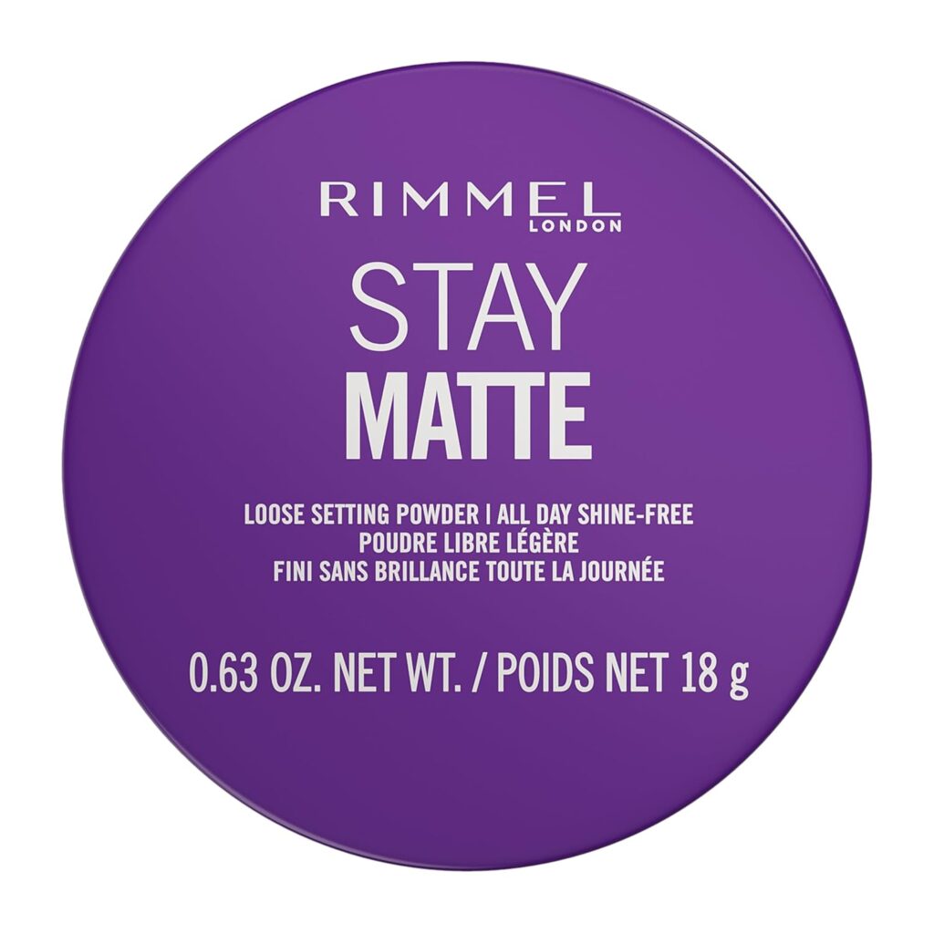 Rimmel Stay Matte Loose Powder, 001 Transparent, Face Loose Powder, Talc-free, Vegan, Lightweight, Soft Focus Effect, Soft Luxurious Applicator Puffâ€‹, 0.63oz
