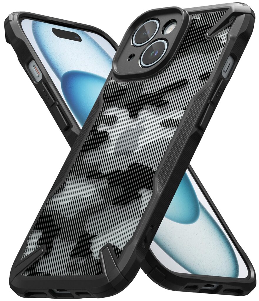 Ringke Fusion-X Compatible with iPhone 15 Plus Case Back Cover Military Camo Hard Back Soft Flexible TPU Bumper Scratch Resistant Shockproof Protection - Camo Black