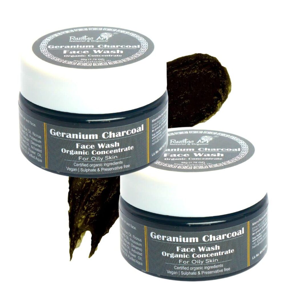 Rustic Art Organic Geranium Charcoal Face Wash Concentrate | Triple-Concentrated Formula with Activated Charcoal | Deep Pore Cleansing for Oily Skin | Women & Men | 50g Pack of 2