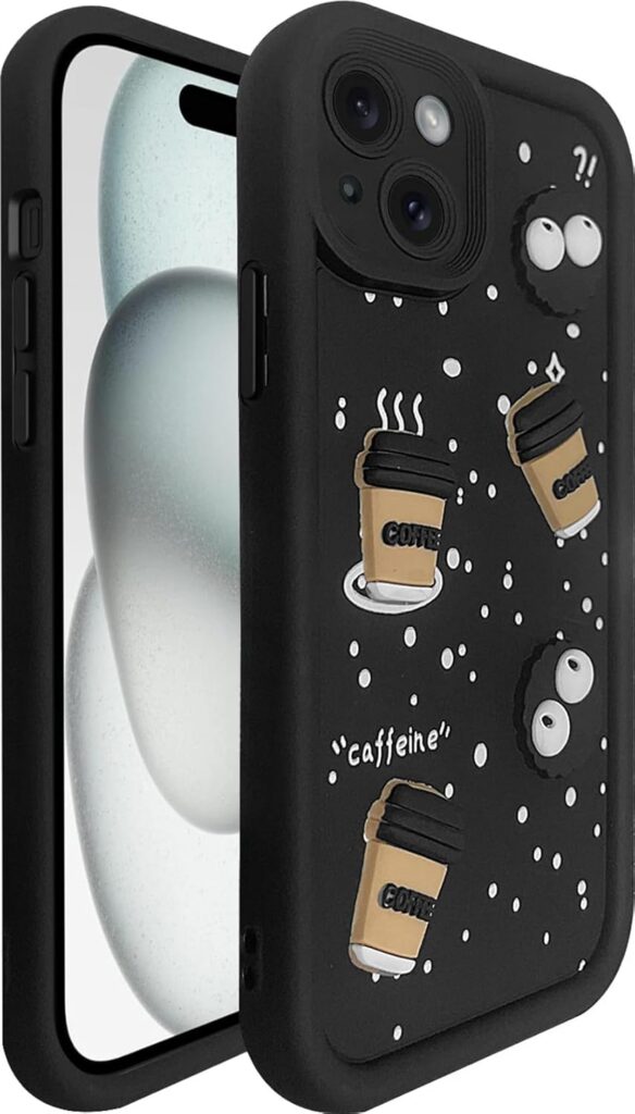 SHINESTAR Back Cover for iPhone 15 Plus – 3D Cartoon Coffee & Eyes Design | Soft Silicone Shockproof Case with Full Camera Protection | Cute & Playful Phone Cover - Black
