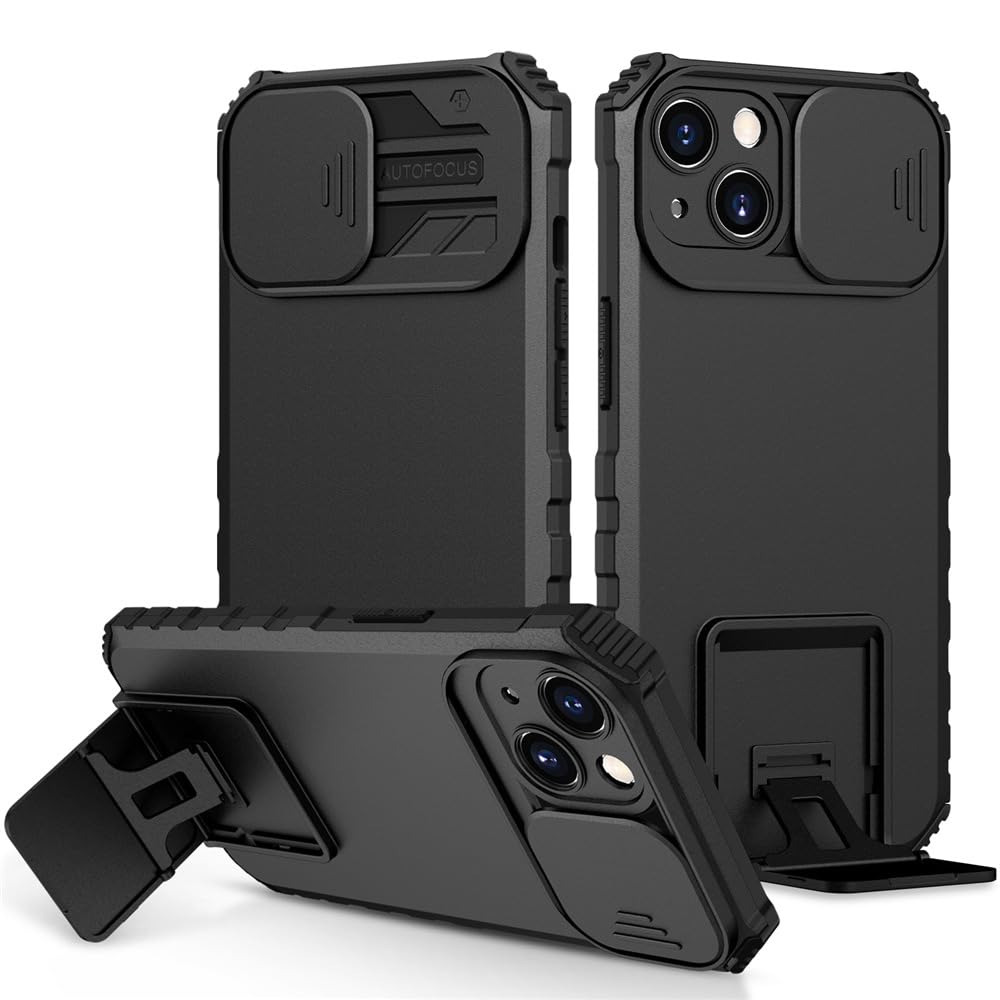 ShieldTech Back Cover Compatible to Apple iPhone 14 with Sliding Camera Shield & Stereoscopic Holder 360° Protection Mobile Phone Case for Apple iPhone 14 (PC, Black)