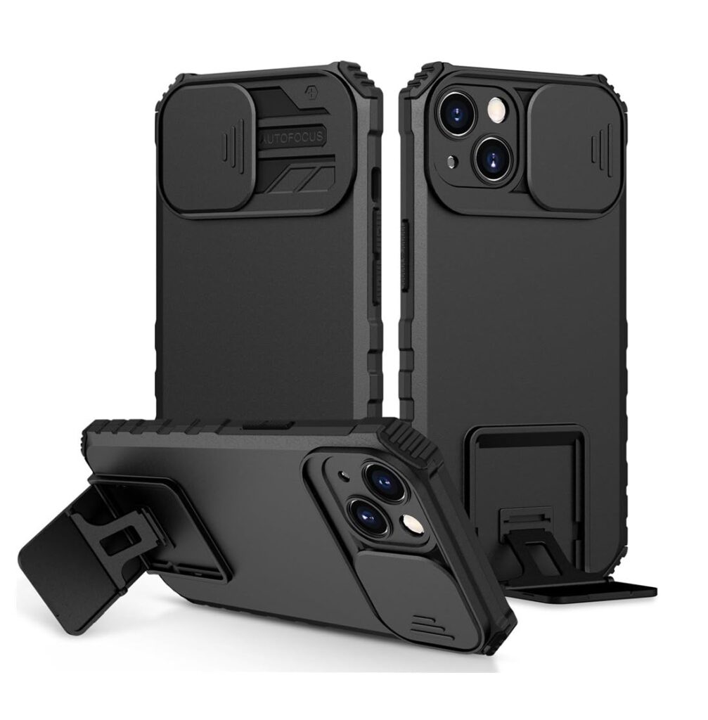 ShieldTech Back Cover Compatible to Apple iPhone 15 Plus with Sliding Camera Shield & Stereoscopic Holder 360° Protection Mobile Phone Case for Apple iPhone 15 Plus (PC, Black)