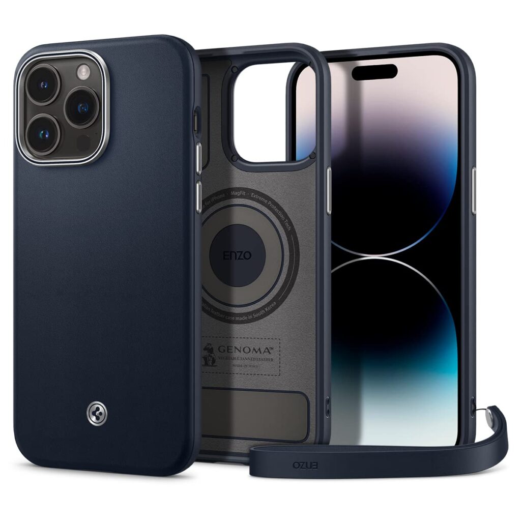 Spigen Enzo Back Cover Case Compatible with iPhone 14 Pro Max (PC+Leather | Slate)