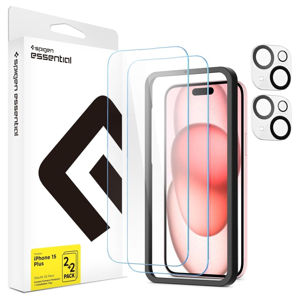 Spigen Essential Glas.tR CE Pack Tempered Glass Screen Guard for iPhone 15 Plus [Glass 2 Pack + Camera Lens Protector 2P + Alignment Tool]