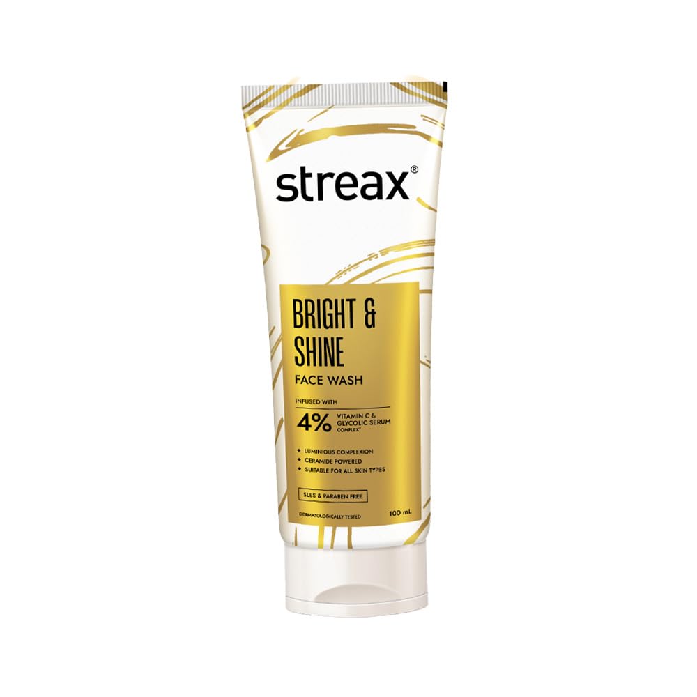 Streax Bright & Shine Face Wash for Glowing Skin,100 ml | 4% Vitamin C & Glycolic Acid Serum Complex | Face Cleanser | Vitamin C Face Wash | For Man & Woman | Facewash for Daily Use | Sulphate & Paraben Free | Dry, Normal & Sensitive Skin