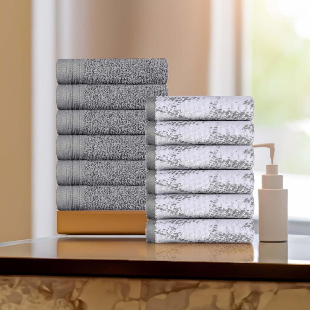 Superior Cotton 12 Piece Assorted Solid and Marble Face Towel Set, Daily Use, Soft, Absorbent, Decorative Bathroom and Kitchen Accessories, Home Essentials, Modern Aesthetic, Face Towel, Grey