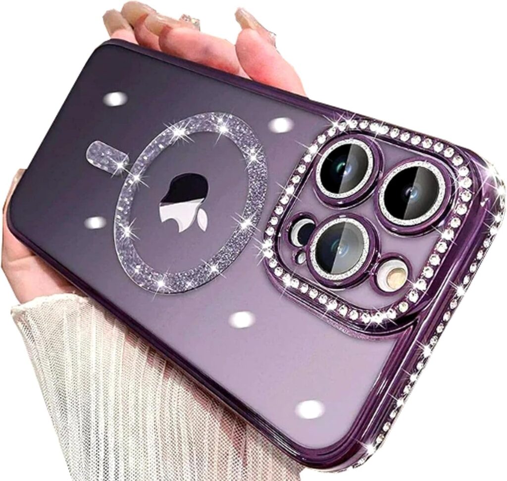 TWIKKA Case Compatible with iPhone 14 Pro Max, Cute Soft Clear Rhinestone Diamond Glitter Cover Women & Girls Compatible with MagSaf Camera Lens Protection Cases for iPhone 14 Pro Max (Purple)