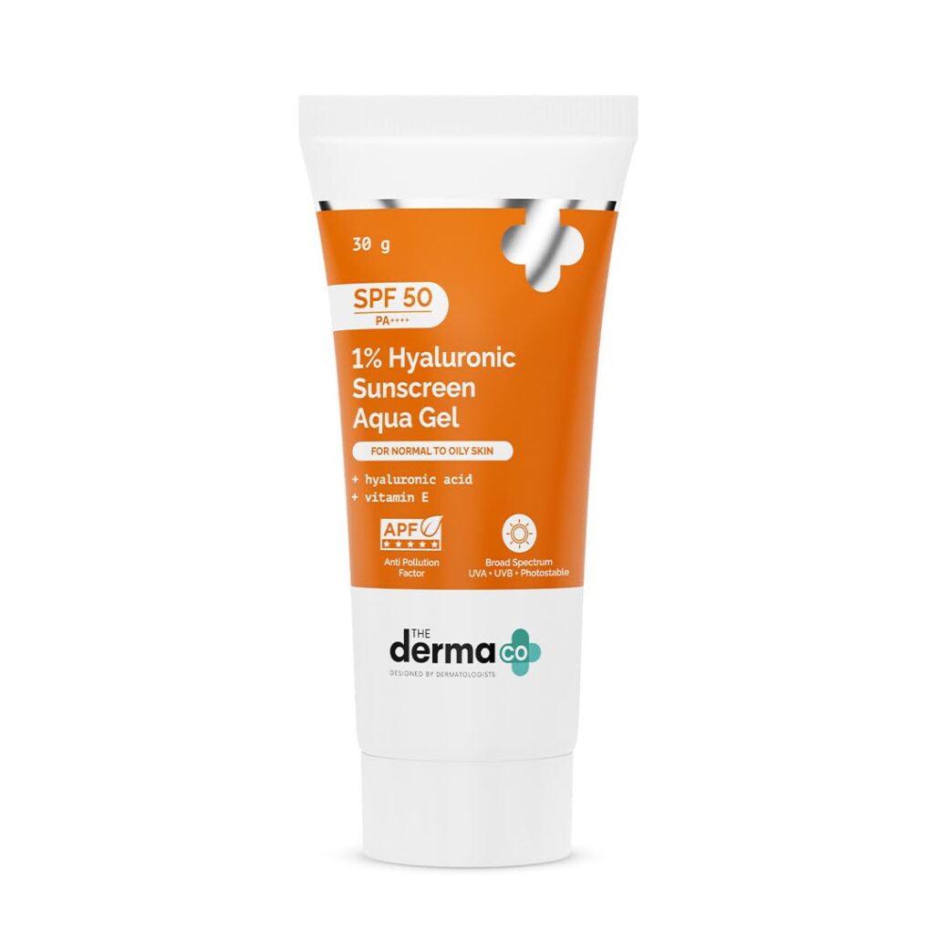 The Derma Co 1% Hyaluronic Sunscreen Aqua Gel SPF 50 PA++++ | Hyaluronic Acid for Deep, Long Lasting Hydration | Ultra Lightweight Texture I Non-Greasy, No White Cast | Broad Spectrum Protection & Blue Light Protection | For Men & Women | 30 g
